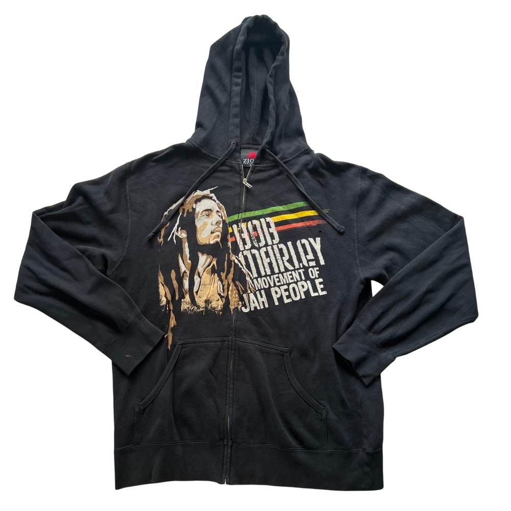 Vintage Y2K Bob Marley Zion Hoodie Full‎ Zip Sweatshirt Size Large Black Rasta